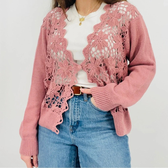 vintage dusty rose pink crocheted ramie cotton blend cardigan sweater cottage L - Picture 8 of 9